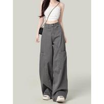 Women's Gray Wide-Leg Cargo Pants, Retro High-Waisted Slimming Jeans for Spring/Autumn 2025 XL