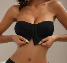 Black Seamless Front Closure Push-Up Bandeau Bra with Ruffle Hem for Women L