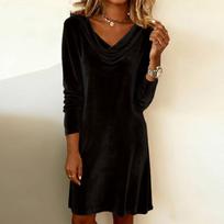 Women's Casual Fashion Long Sleeve Pile Collar  Velvet Vintage Long Dresses L