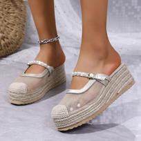 Breathable Lace Wedge Heel Mules Women 2025 Summer Luxury Pearl Chain Close Toe Slippers Bohemia Soft Hemp Sole Sandals Women 35