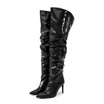 Fashion Sexy Solid Color Pleated Lazy Style Over The Knee Boots Autumn Winter Fashion Black Silver High-heel Women Long Boots Size 34-45 35