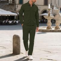 Men's Casual Color Suit Color Double Pocket Button Lapel Long Sleeve Pants Two-Piece Suit L