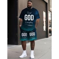 Men's Large Size 3D Letter Print Casual Short Sleeves and Shorts Set S