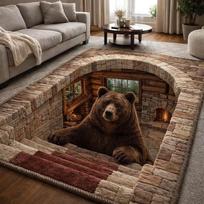 2D Illusion Bear Cave Area Rug Grizzly Bear Hole Floor Mat for Living Room Bedroom Anti-Slip Carpet for Animal Lover Home Decor 40X60CM