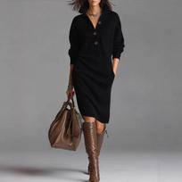 Solid Knitted Midi Dress for Woman Spring Fashion Button Half-open High Neck Loose Dresses Ladies Autumn Leisure Warm Vestidos XXXL juoda