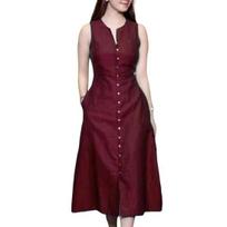 Women Summer Dress Single-breasted Sleeveless Solid Color Pockets Buttons A-line Mid-calf Length V Neck Tight Waist Lady Midi Dress 2XL