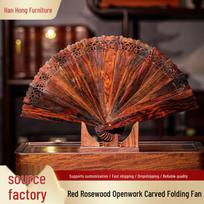 Large Hand-Carved Red Sandalwood Fan: High-End Rosewood Decorative Living Room & Study Furniture. 38.5 x 22 x 2.8 cm