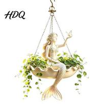 Durable Resin Plant Holder for Celebration Ballet Dancer & Mermaid Hanging Planter Shell-Shaped Flower Pot with Metal Chains Lightweight Basket B