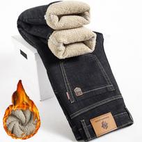 Winter Lamb Fluff Denim Straight Pants Men Thicken Jeans High Waist Stretch Jeansy Fleece Lined Warm Slim 40