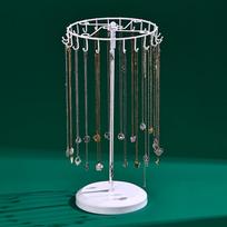 Rotating Jewelry Display Stand: 23-Hook Wrought Iron Rack for Necklaces and Bracelets, Detachable Board for Market Stall. gray