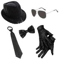 Sequin Performance Costume Set with Hat Tie Bow Tie Gloves Suspenders and Sunglasses for Men Stage Party Event Show Accessories One Size
