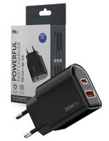 Greitojo įkrovimo įkroviklis FIT2 K22 30W su USB-C PD ir USB-A QC, juodas