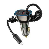 BWOO CC96L 30W PD automobilinis įkroviklis 1x USB-C 1x USB jungtis su lightning laidu pilkas