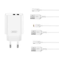 XO sieninis įkroviklis CE34 2x USB 2,4A baltas + USB-C laidas