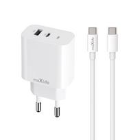 Maxlife MXTC-06-30AC PD QC įkroviklis 1x USB-C 1x USB 30W baltas + USB-C – USB-C laidas 60W