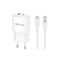 Forever TC-01-20AC PD QC įkroviklis 1x USB-C 1x USB 20W baltas + USB-C – USB-C laidas 20W