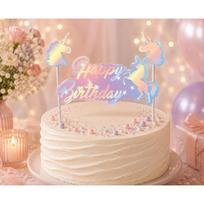 Torto dekoracija „Happy Birthday“ su vienaragiais – vienaragių temos dekoracija tortui