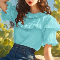 VONDA Women Summer Ruffled Neck Short Sleeve Flare Casual T-shirts Tops 5XL mėlyna