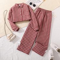 2025 Autumn Plaid Two-Piece: Long-Sleeve Top & Wide-Leg Pants for Big Girls 150 cm (10Y) raudona