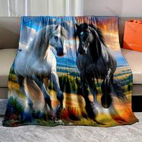 Juodas ir Baltas Arklys Bėgimo Antklodė Šilta Minkšta Prabangi Dovana Vaikui Suaugusiems Tinka Namams Sofai Lovai Kelionėms Stovyklavimui 75x90cm black