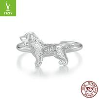 Subtilus tekstūruotas mažas auksaspalvis retriveris atviras žiedas vyrams ir moterims, mielas gyvūnas šuniukas 925 svarų sterlingų sidabro žiedas Adjustable opening (8 US size) gray