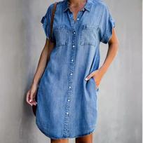 Moterims Slim Fit Džinsinė Suknelė Marškiniai - Trumpomis Rankovėmis, Sagomis Užsegama Midi Suknelė su Kišenėmis, Laisvalaikio Tampri Džinsinė Suknelė Vasarai, Pavasariui 5XL mėlyna