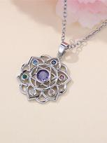 Female Crystal Rainbow Zircon Stone Round Flower Pendant Necklace Vintage Silver Color Wedding  For Women