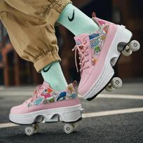 Unisex 4 Wheel Roller Skate Shoes Automatic Retractable High Top Dual-purpose Skating Sneakers for Youth Adult 33 rožinė