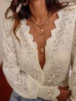 European Crochet Lace V-neck Flare Sleeve Top S abrikosas