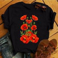 Fashion Red Poppy Women T Shirt Funny Printed Tops Tee Female Short Sleeve Tshirt Harajuku Tee Shirts Cartoon Casual Top L juoda