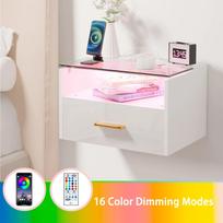 Bedside Table With 1 Drawer 3-Tier Rolled Glass Top Charging Station 2AC 2USB EU Plug With Lighting White For Bedroom Home GERMANY