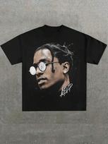 Retro ASAP Rocky Round Sunglasses Grayscale Portrait With Signature Print Graphic TeeCasual Print S
