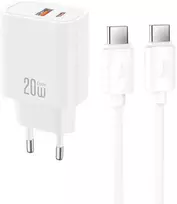 XO sieninis įkroviklis CE40 PD 20W 1x USB-C 1x USB baltas + laidas USB-C – USB-C