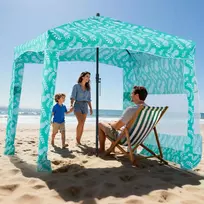 Paplūdimio kabina-palapinė 183 x 183 x 229 cm su šonine siena ir smėlio kišenėmis šviesiai žalia su raštais