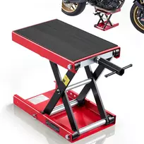 Motociklo žirklinis keltuvas kompaktiška platforma apkrova 499 kg eiga 95-34 cm