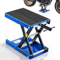 Žirklinis keltuvas motociklui. kompaktiška platforma. apkrova 499 kg. eiga 9.5-34 cm. mėlynas