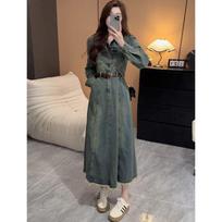 2025 Autumn Hong Kong Style Retro A-line Denim Dress: Slimming Waist-Cinch, Long Sleeve S 80-100 jin
