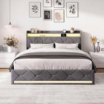 Lininė dvigulė lova su LED lempute ir USB jungtimi, 160 x 200 cm, pilka