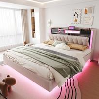 Polsteruota lova su LED, USB, 160x200 cm, smėlio spalvos, 1 vnt