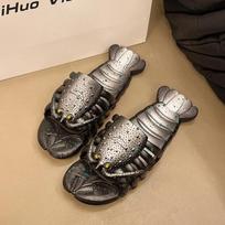 Fashion 2025 New Metal Color Funny Lobster Slippers For Women Men Summer Shoes Anti-slip Cute Cartoon Couples Indoor Beach Slides 34-35 juoda