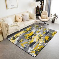 Crystal Velvet Cartoon Construction Truck Round Rug, Excavator Print Non Slip Floor Mat for Kids Room, Playroom, Bedroom Decor 60cm