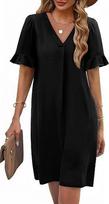 Women's V-Neck Flared Sleeve Medium and Long Pocket Short Sleeve Dress S juoda