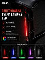 Dviračio galinis RGB LED žibintas, 16 šviesos režimų, USB-C, atsparus vandeniui