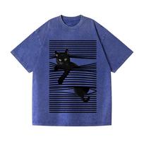 Fashion Black Cat Line Art Vintage Wash T-Shirt Japanese Style Holiday Unisex Funny Dropped Shoulder Sports Tees Casual S
