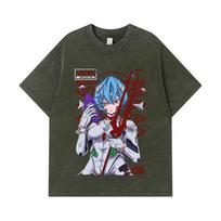 275 GSM Washed T-shirts 100% Cotton Evangelion V7 Rei Print Unisex Heavy Cotton T Shirt S armijos žalia spalva