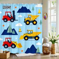 Construction Truck Shower Curtain Yellow Excavator, Dump Truck & Bulldozer On White, Kids' Bathroom Decor For Boys And Toddlers W60H190(CM)-1 Pcs
