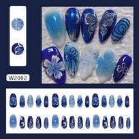 Blue Press on Nails Medium Almond Fake Nails with Designs Reusable False Nails Press ons Full Cover Acrylic Glue on Nails Stick on Nail for Women gray