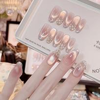 10pcs Nude Pink Gradient Press on Nails - Oval Long with Rhinestone Pearl Decor, Reusable Glitter Fake Nails for Bridal, Party And Daily Glam Looks SZY395 medium ellipse （XS） gray