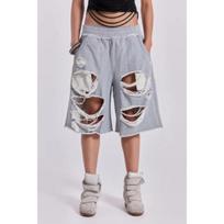 FlowStreet Gray Distressed Baggy Shorts Women Casual Grunge Wide Leg Sport Shorts Hip Hop Streetwear Oversized Holes Sweatpants S