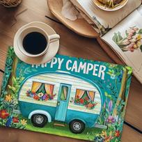 Kitchen Table Mat Set 12X18 Inches - 'Happy Camper' Blue RV Pattern, Suitable for Home Kitchen, Dinner, Birthday, Travel, Holiday Country Vintage 2PCS